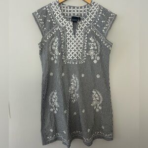 Madison Mathews Navy Blue White Gingham Embroidered Tunic Mini Dress